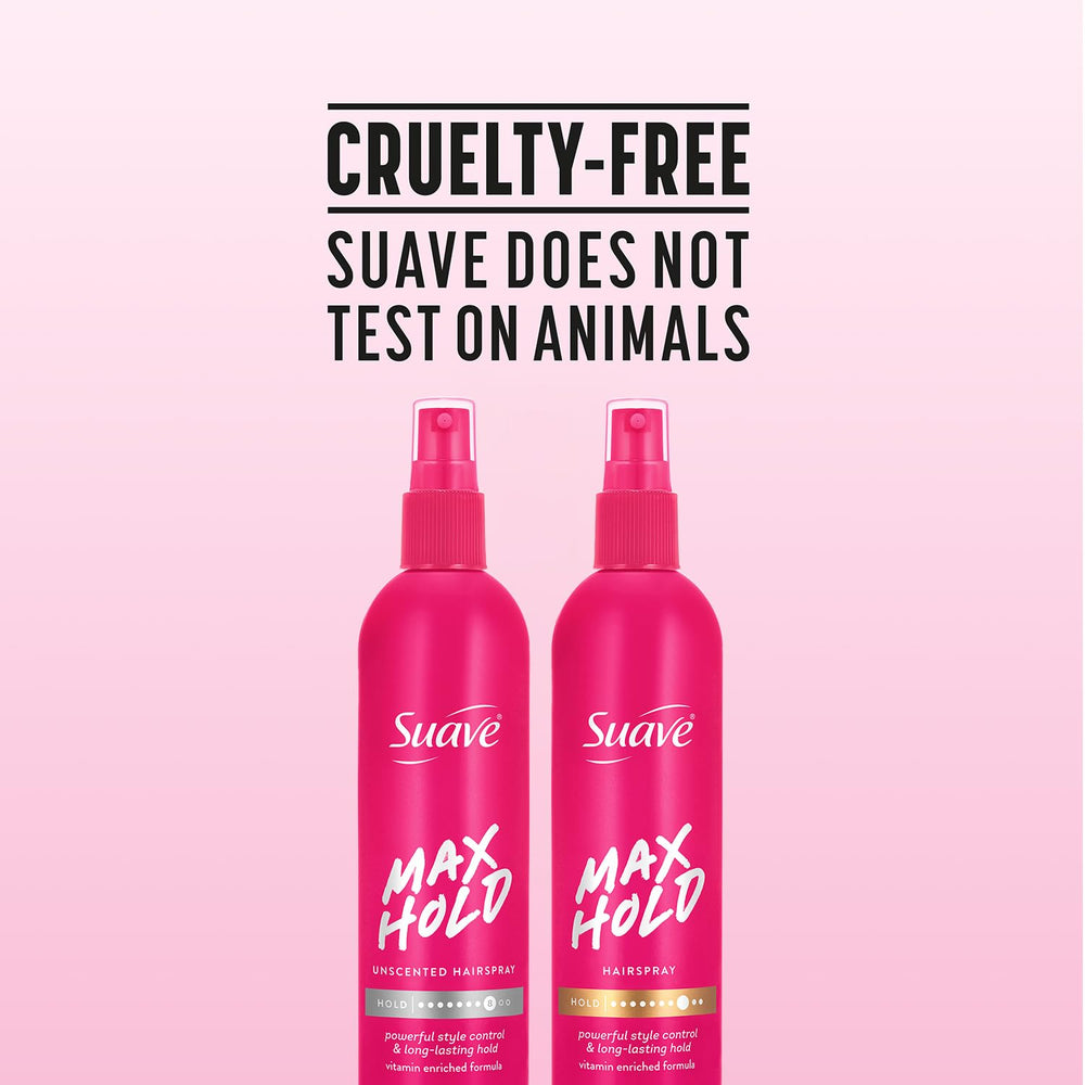 Model styling an updo using Suave hairspray showing reliable control benefit
