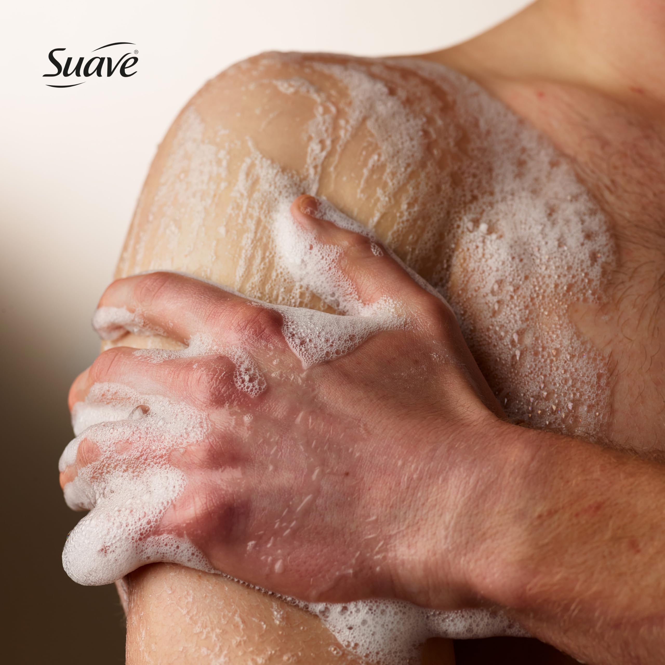 suave+ bottle in shower being used to cleanse hair and body
