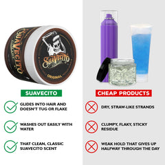 Suavecito Pomade being scooped on hands to show smooth spreadability benefit