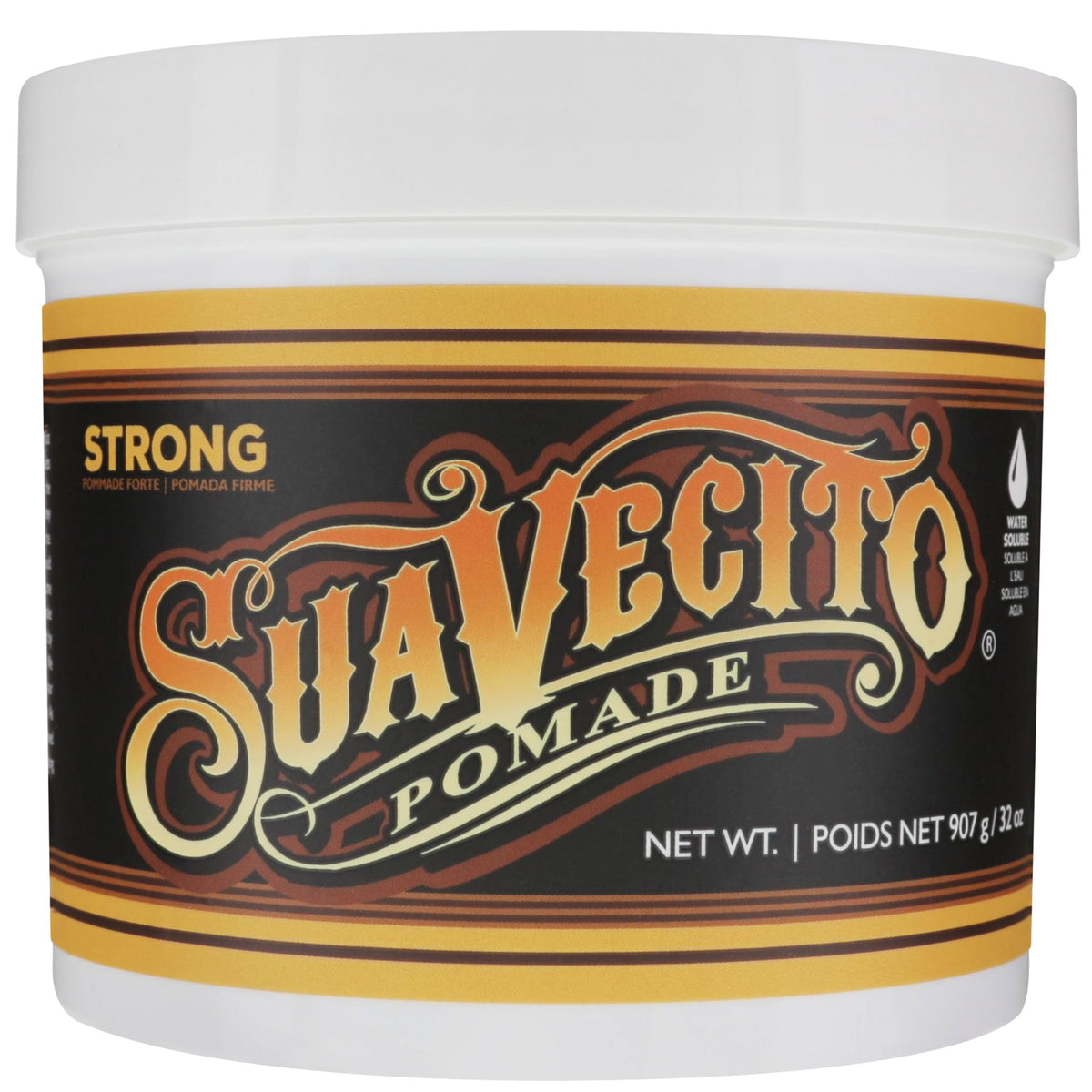 Suavecito Pomade front tub showing product and bold branding for instant recognition