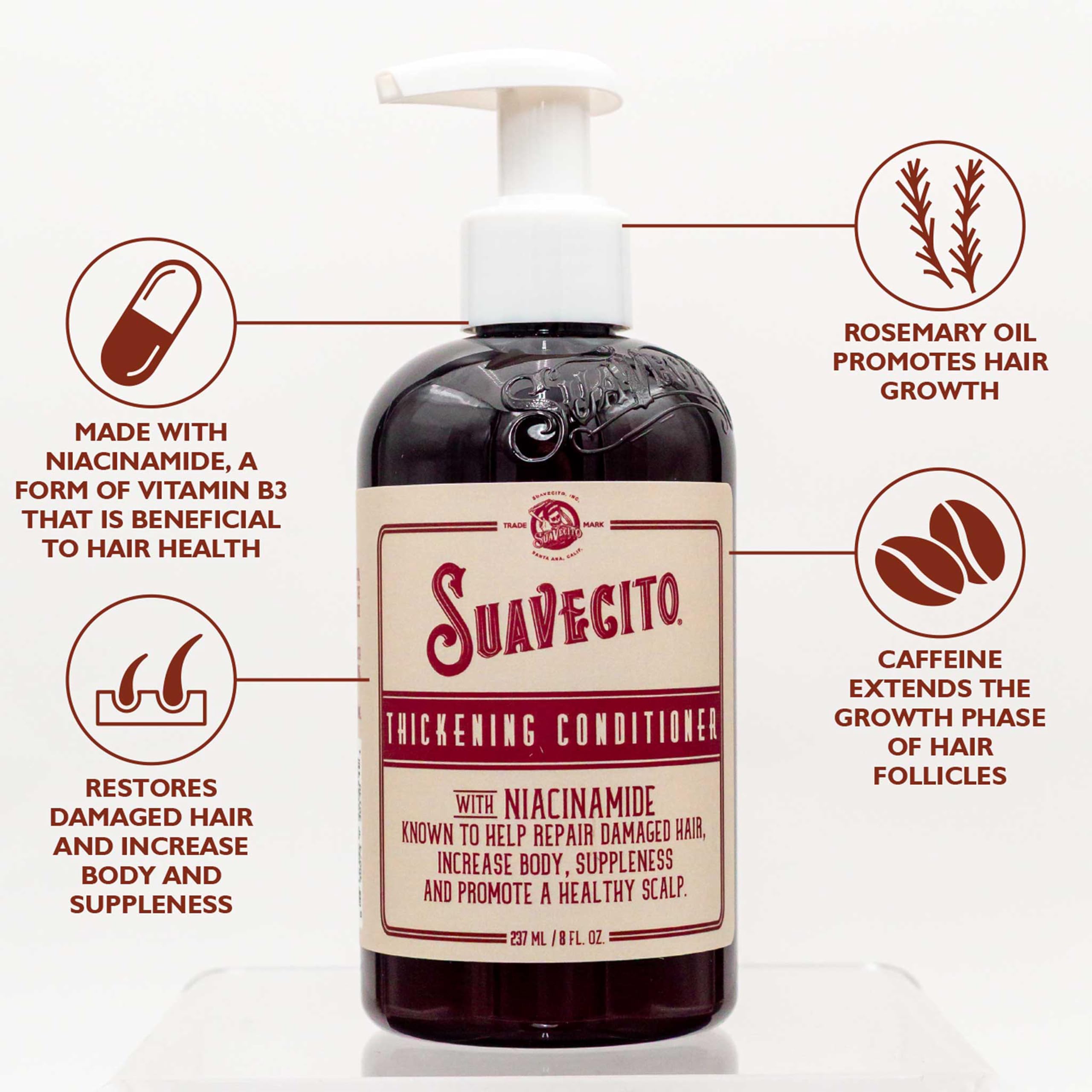 Suavecito Pomade rosemary oil and biotin bottles highlighting botanical and strengthening benefits