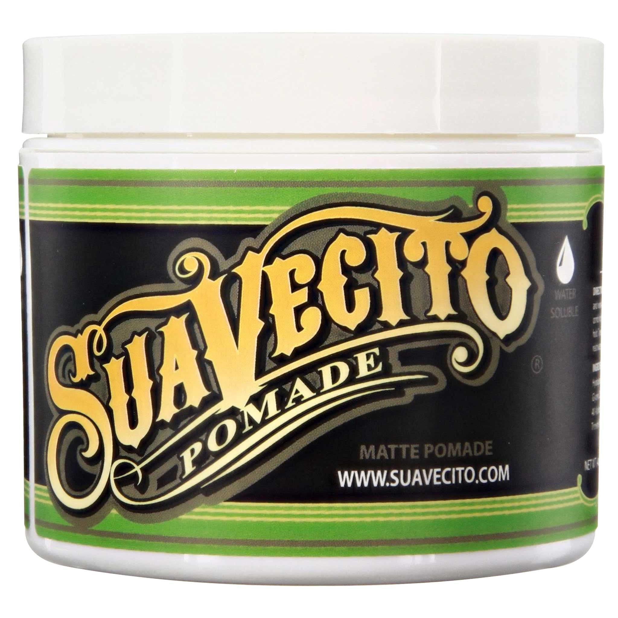 Suavecito matte pomade front tub showing branding and size for clear choice