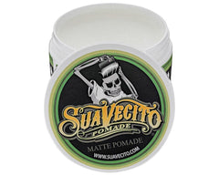 Suavecito matte pomade open lid reveals smooth paste and no greasy sheen