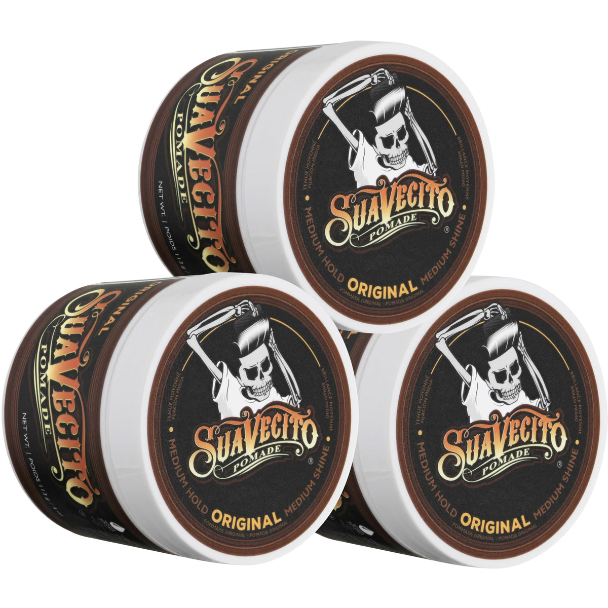 Suavecito Pomade front packaging showing brand and medium hold benefit