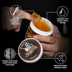 Suavecito Pomade side label close-up with ingredient and size information benefit