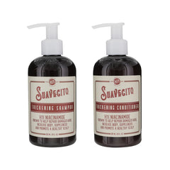 Suavecito Pomade front packaging showing thickening shampoo and conditioner benefits