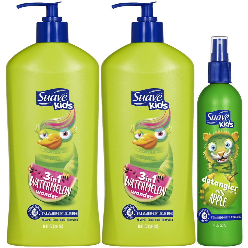 suave+ front packaging showing two watermelon wonder 3-in-1 pumps for fast bath time