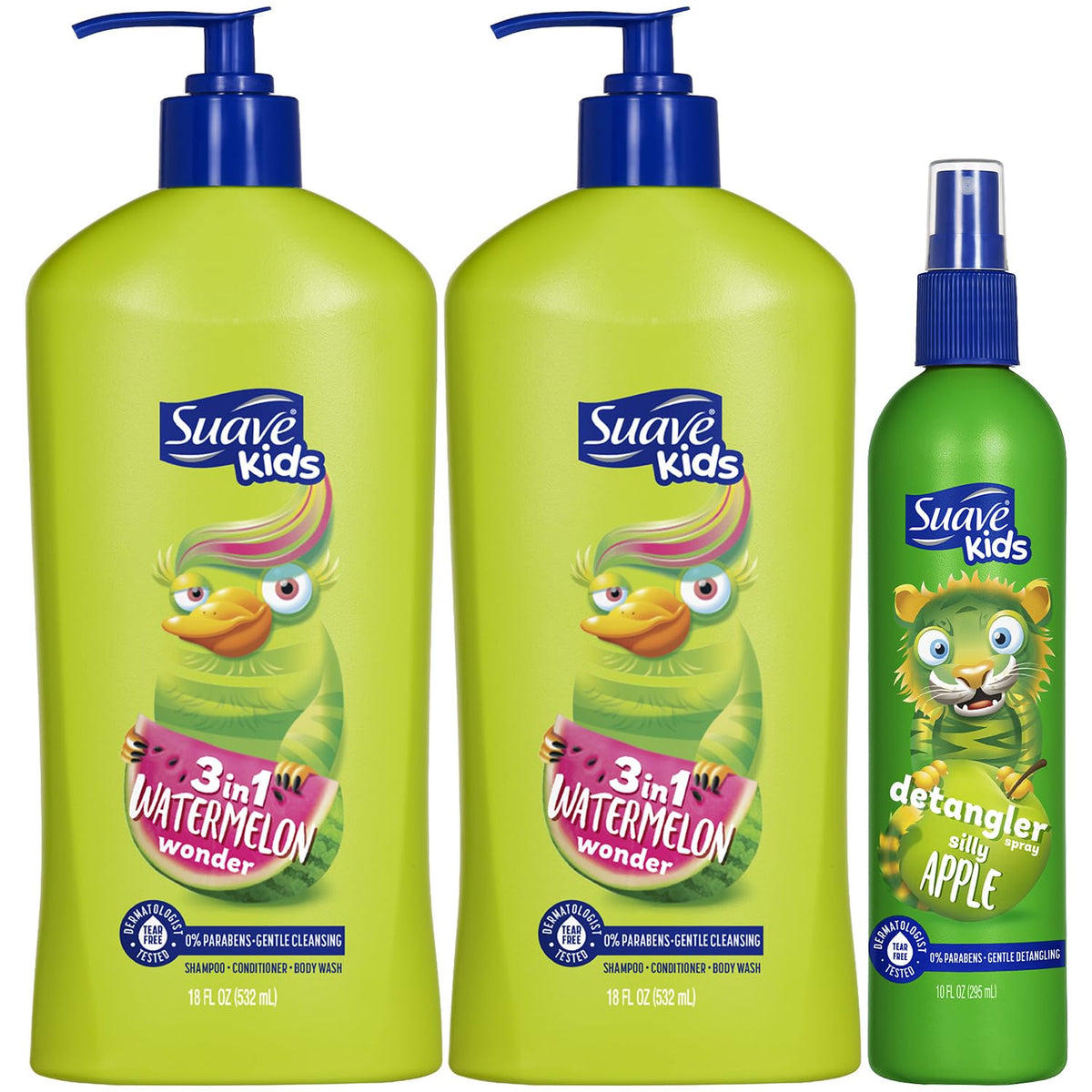 suave+ front packaging showing two watermelon wonder 3-in-1 pumps for fast bath time