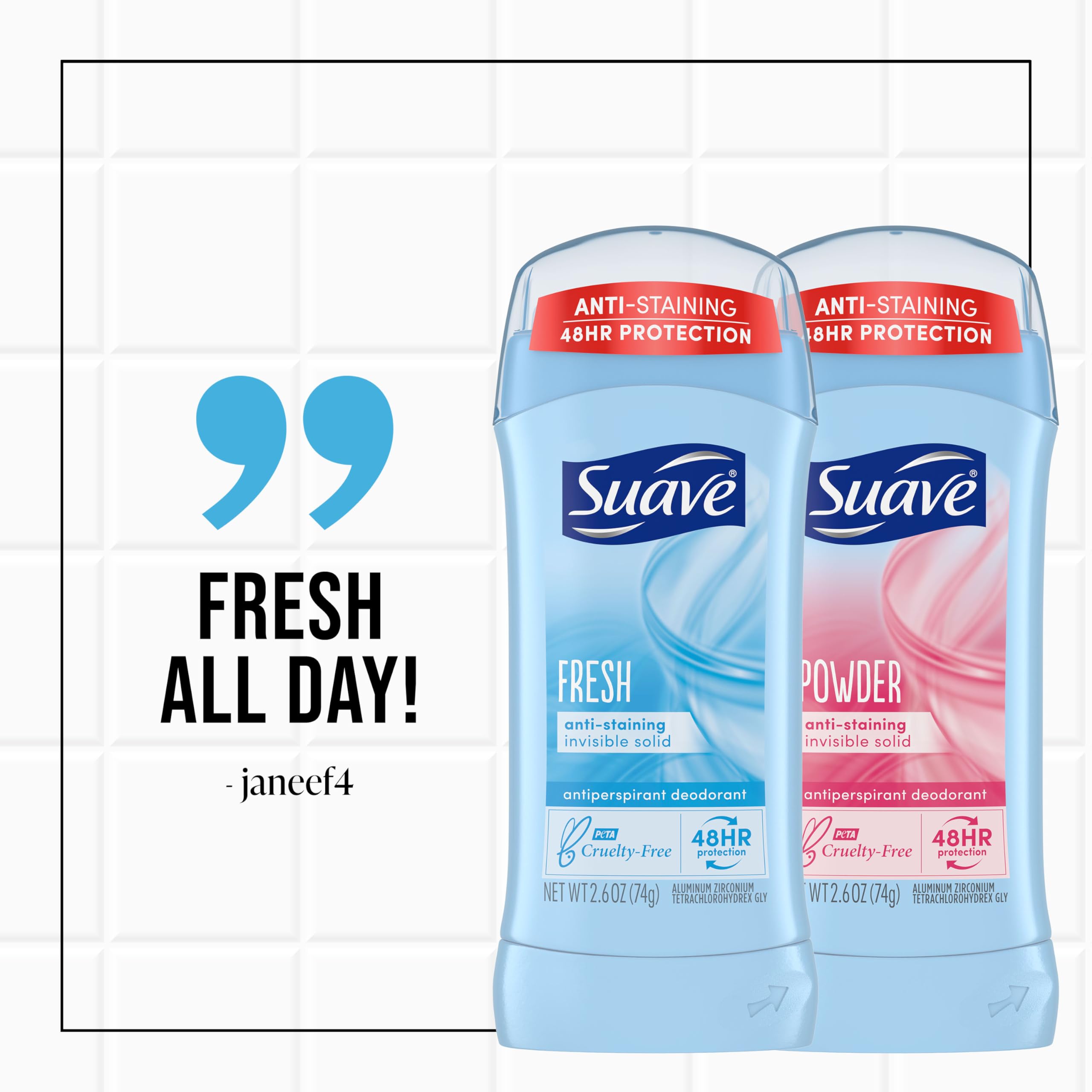 suave+ next to fabric illustrating stain-minimizing formula to protect clothes