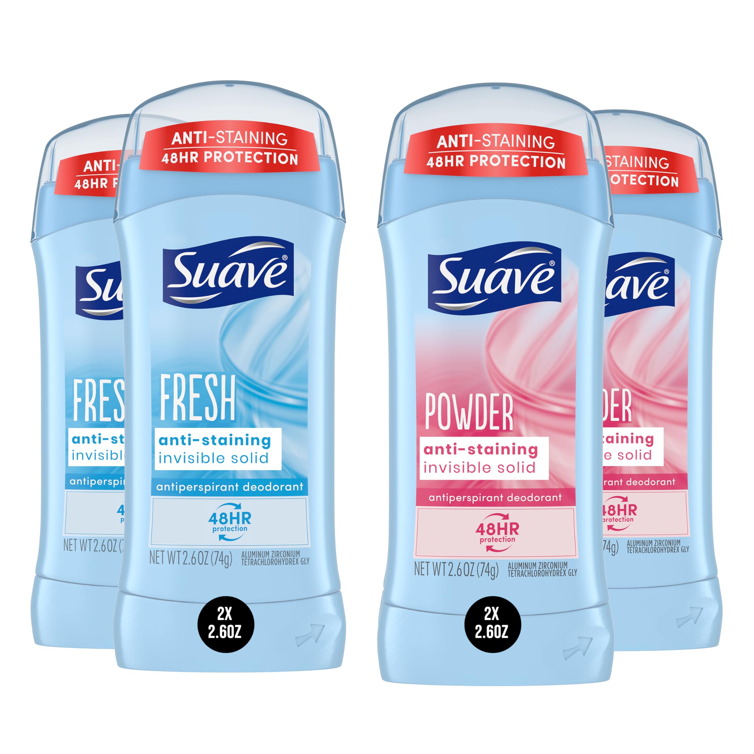 suave+ front packaging showing the powder and fresh four-pack, clear value