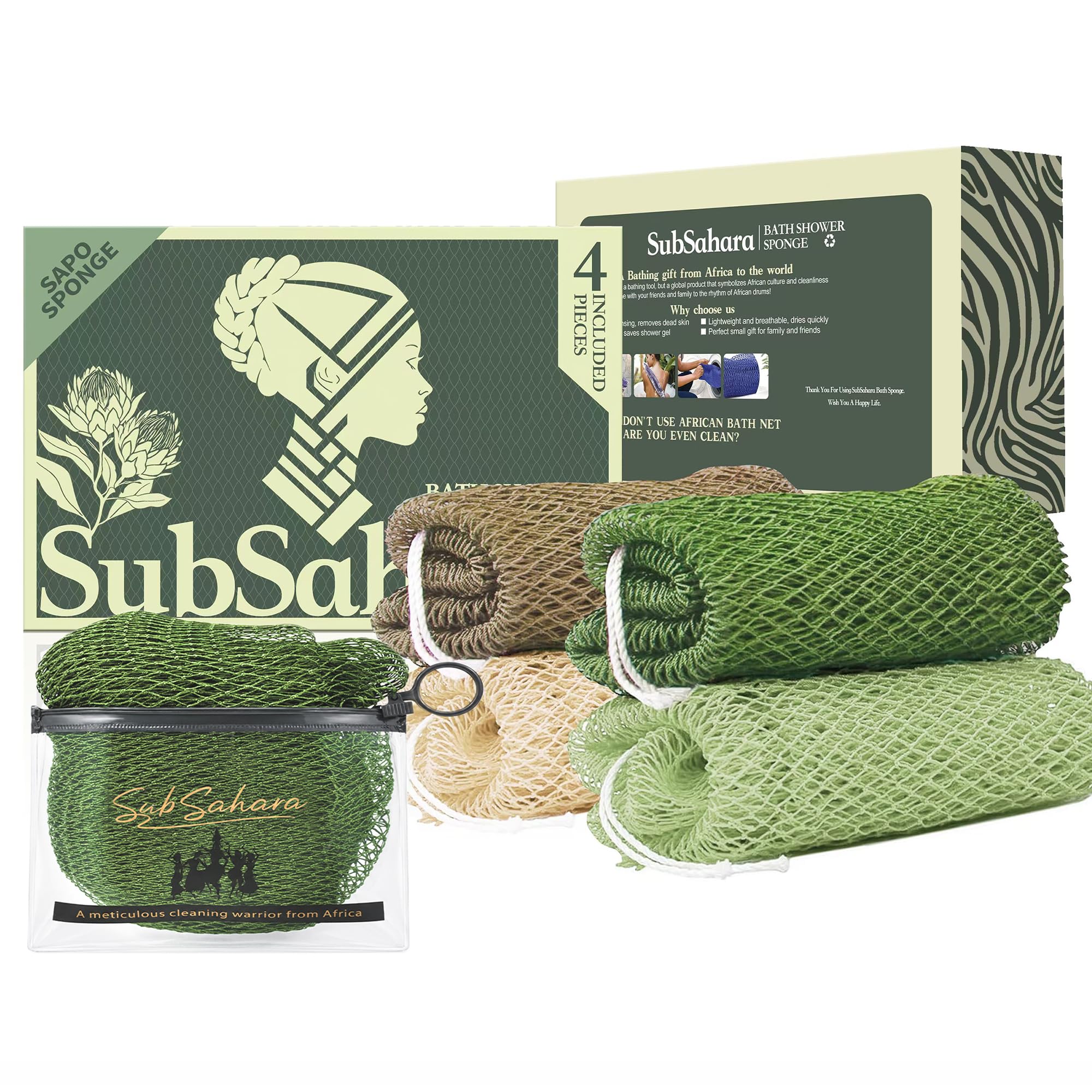 SubSahara front packaging showing four-net set and pouch, highlights convenience