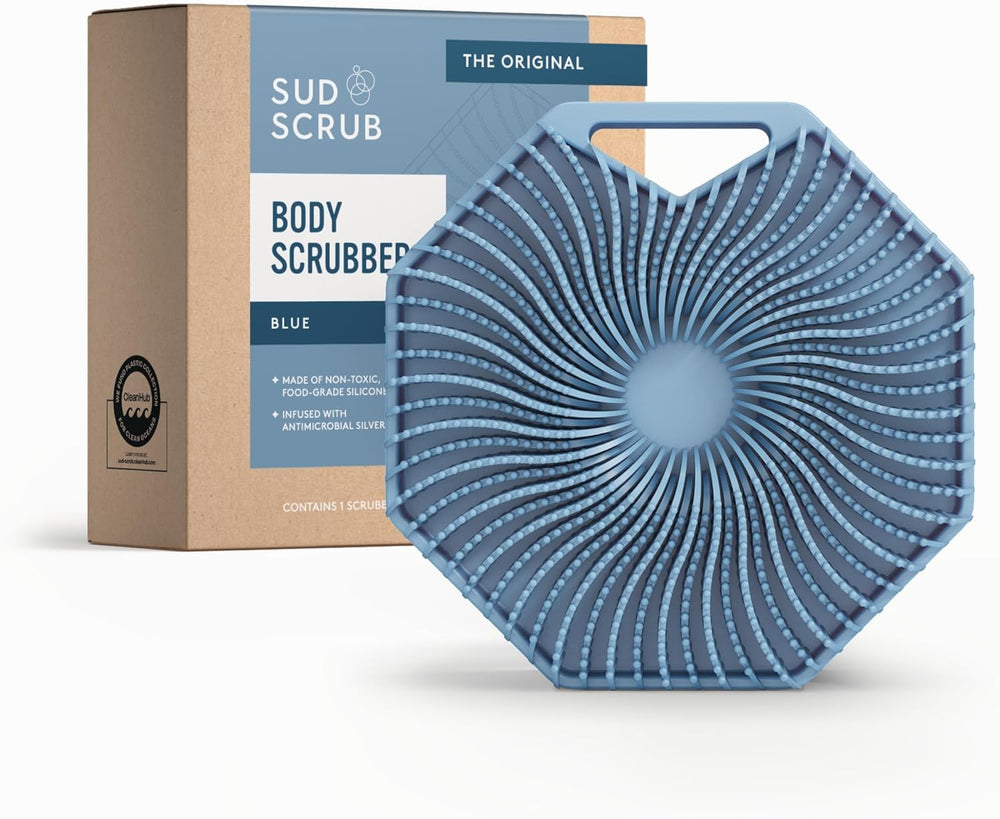Sud Scrub front view showing blue silicone and non-slip strap, promotes hygienic exfoliation