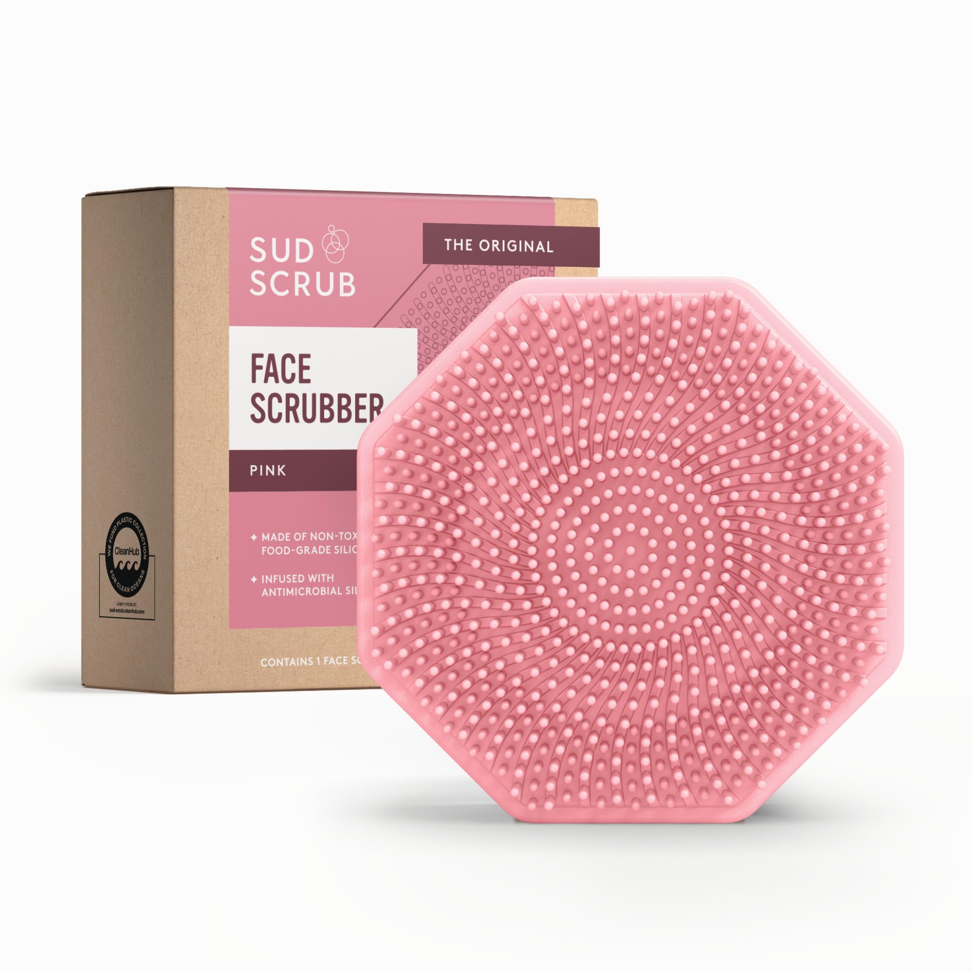Sud Scrub front view showing pink scrubber and hygienic design benefit