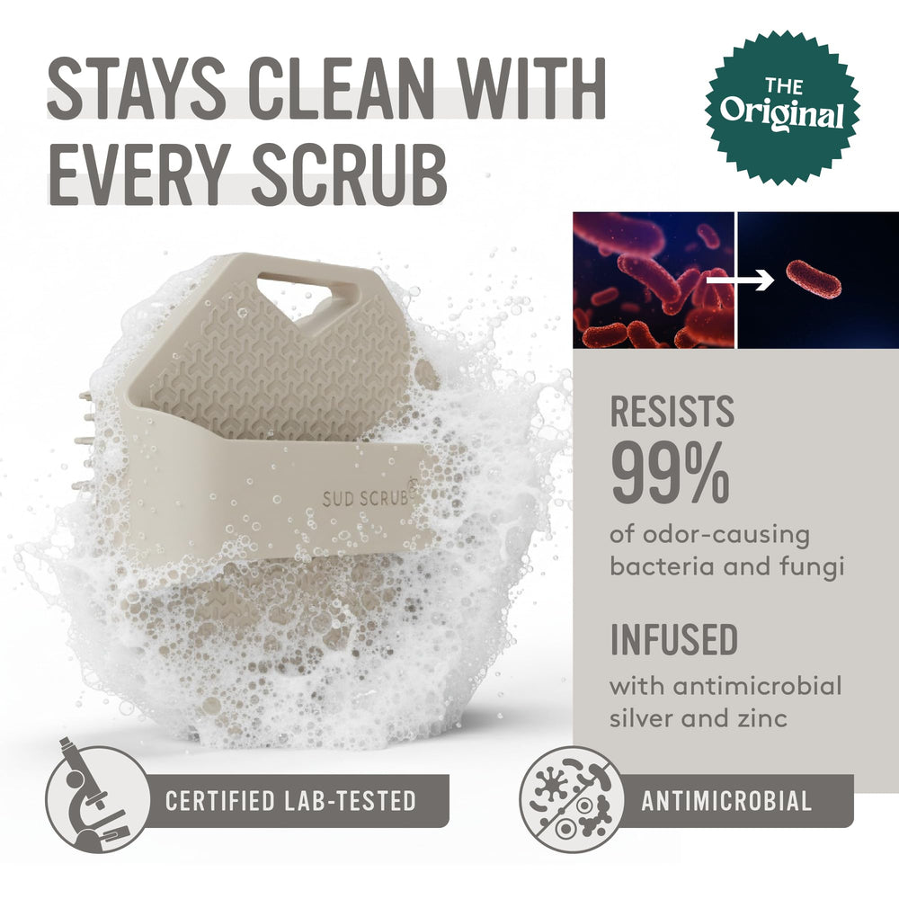Sud Scrub close-up of soft silicone fins, gentle exfoliation benefit