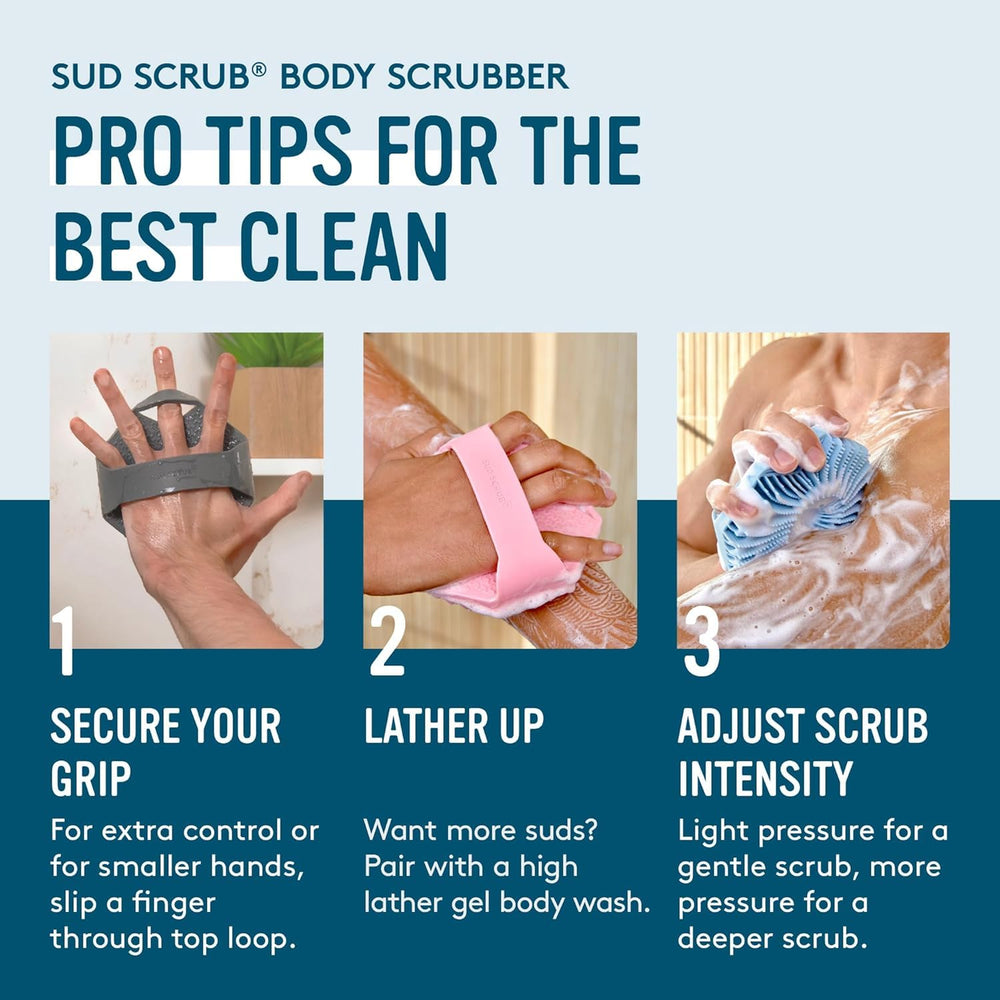 Sud Scrub on bathroom shelf in lifestyle scene, signals eco-friendly and reusable choice