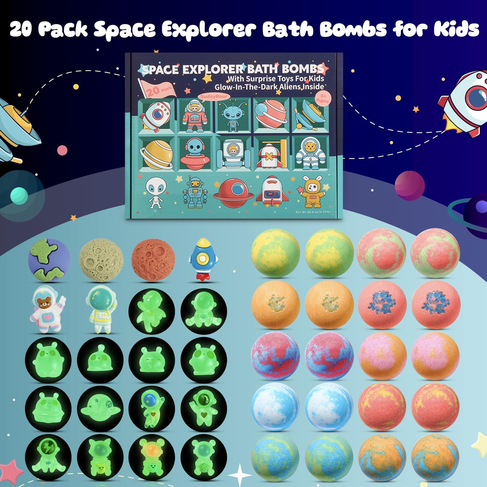 SudsyRoar fizzing bath bomb releasing bright color and fun bubbles