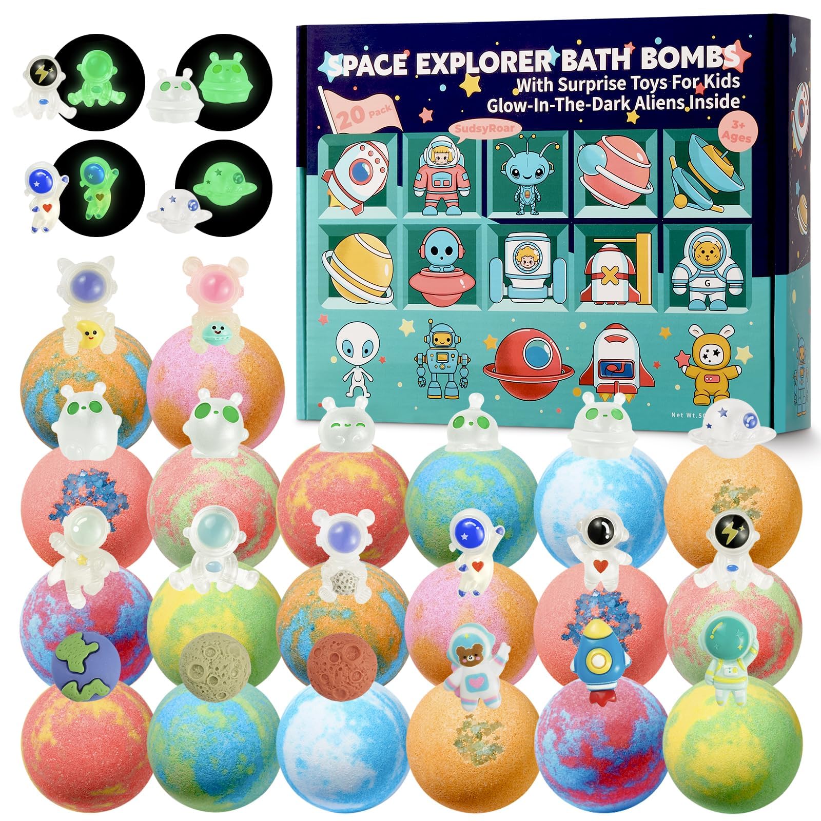 SudsyRoar front packaging showing colorful galaxy bath bombs and toys