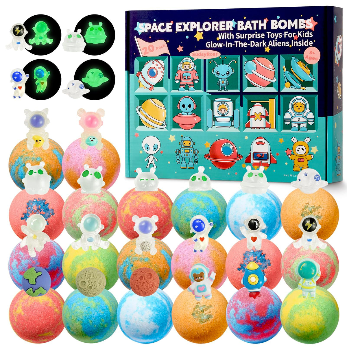 SudsyRoar front packaging showing colorful galaxy bath bombs and toys