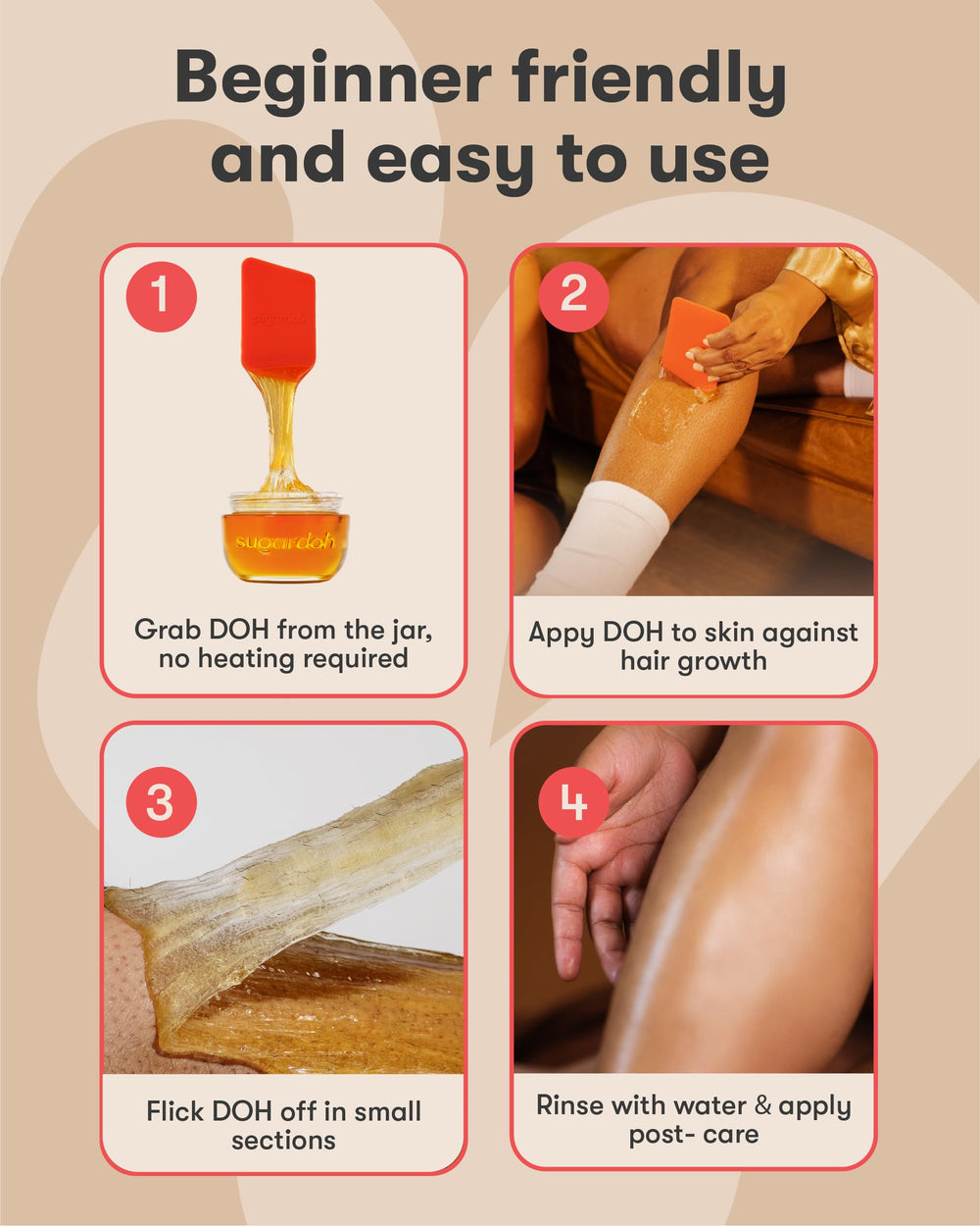SUGARDOH applied on leg demonstrating how paste adheres to fine hair for removal