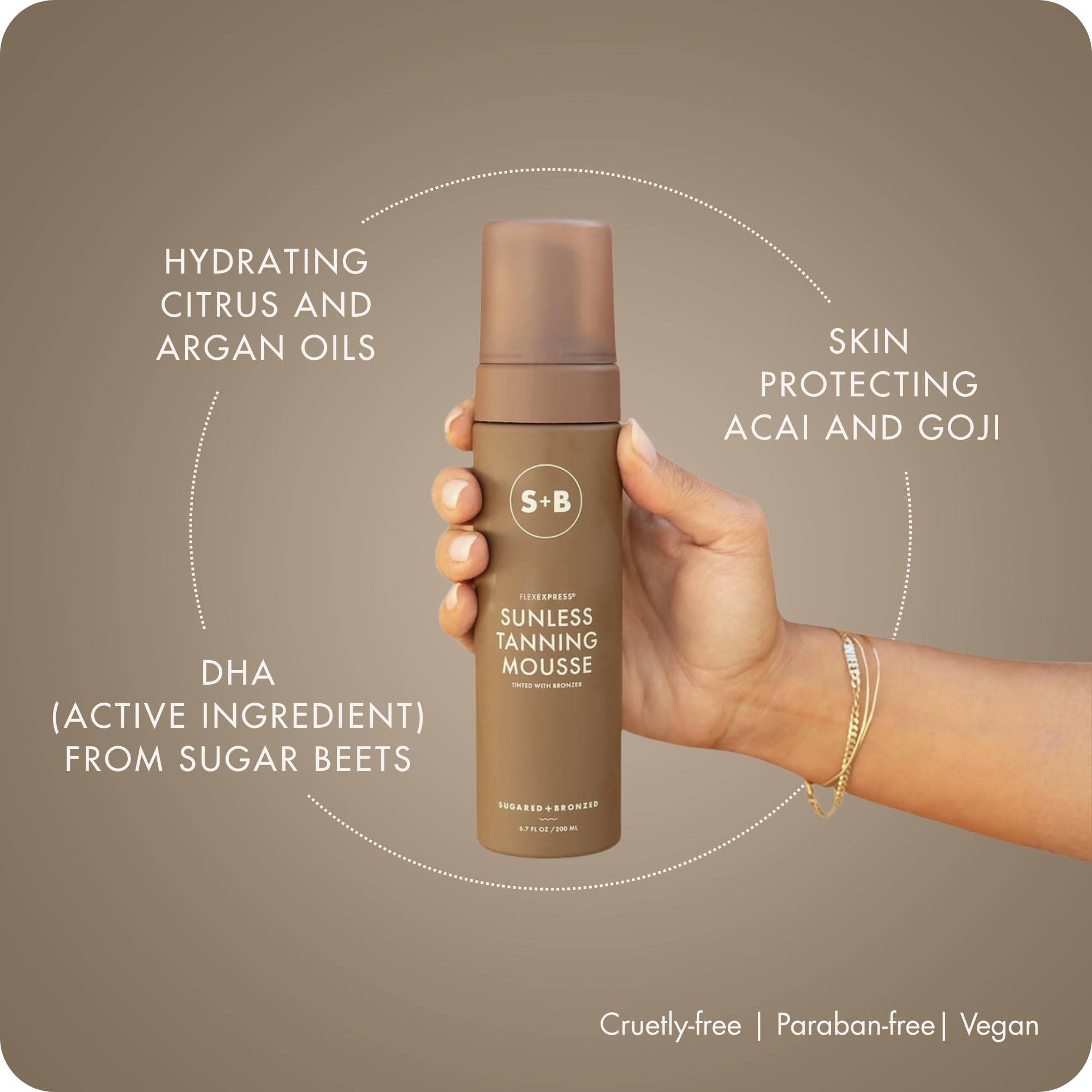 SUGARED + BRONZED bottle and mitt flatlay, convenient kit for at-home or travel tanning
