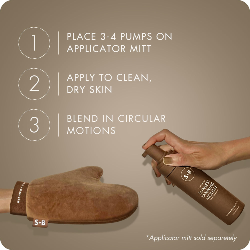 SUGARED + BRONZED pump dispensing mousse onto mitt, controlled application for mess-free use