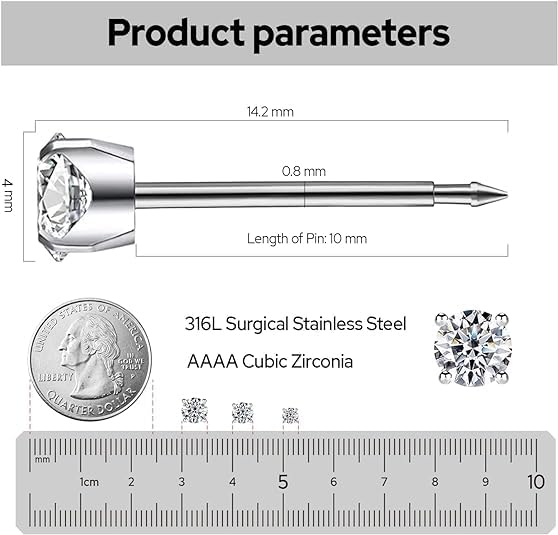 SugarTang stud next to ruler showing 20G post and 4mm stone for accurate size reference benefit