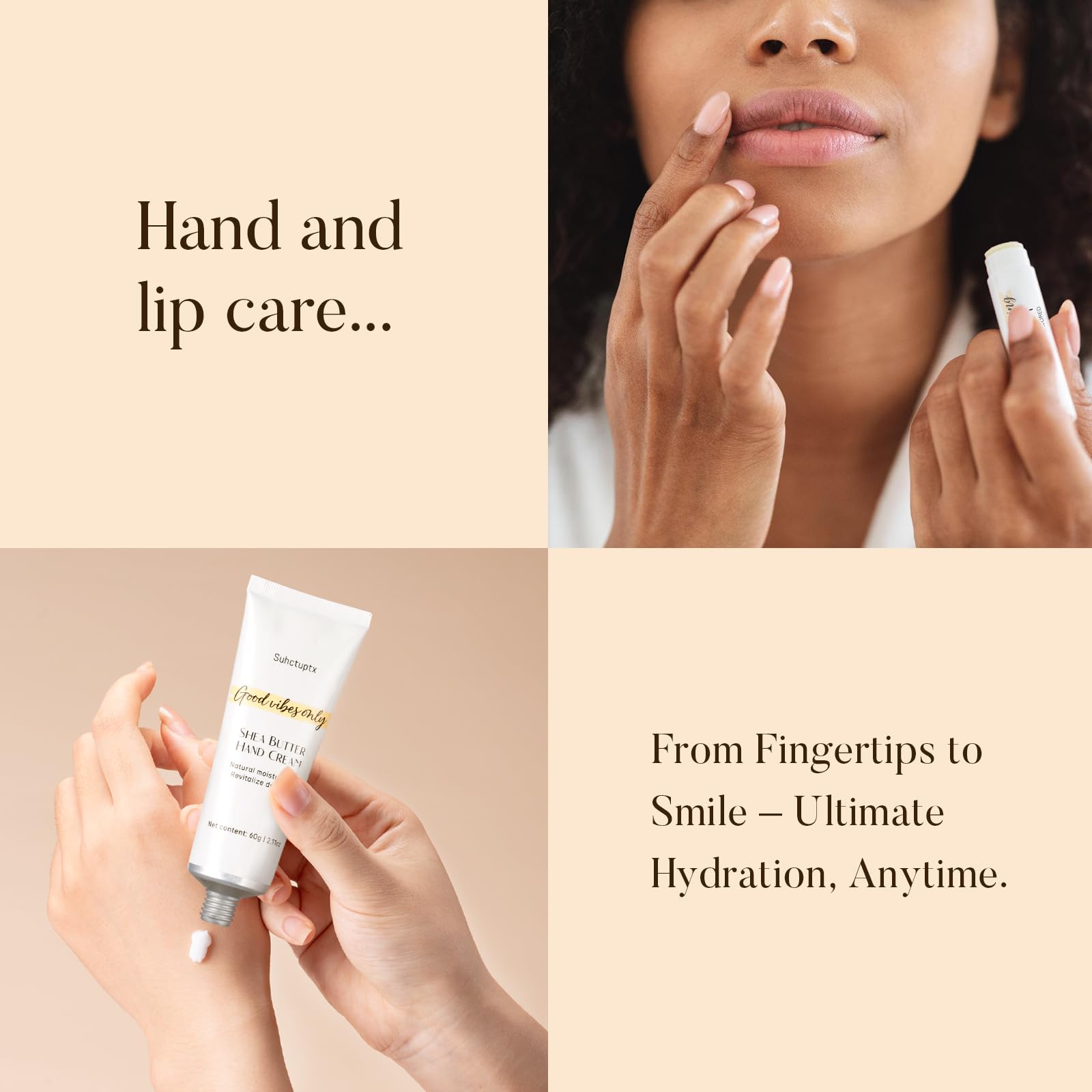 Suhctuptx hand cream and lip balm detail to show fast hydration benefit