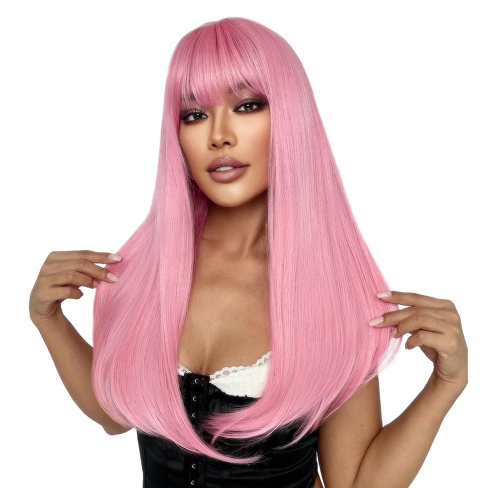 SUKRI pink wig closeup of 5-inch bangs hiding hairline for seamless look