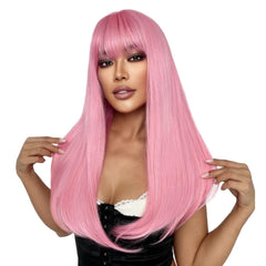 SUKRI pink wig closeup of 5-inch bangs hiding hairline for seamless look
