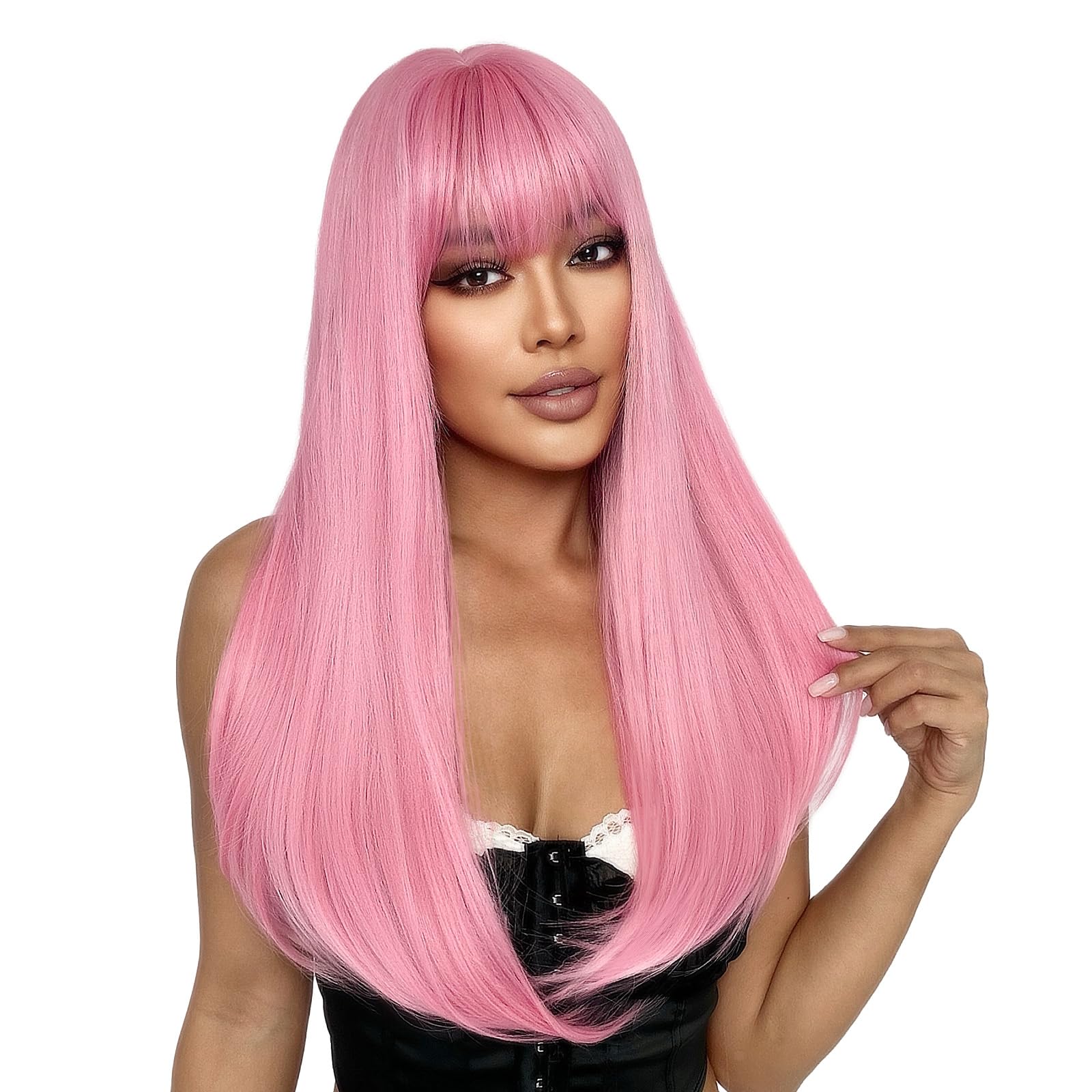 SUKRI pink wig side profile illustrating long straight fall and graceful movement