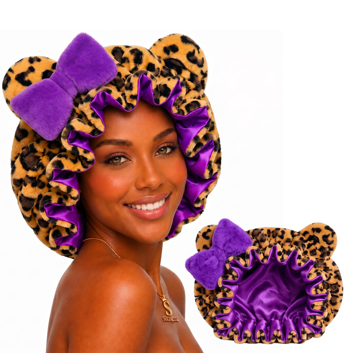Sultresse front view of purple leopard bonnet showing playful design and cozy fit