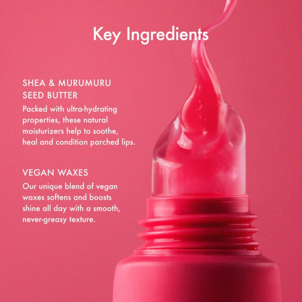 Summer Fridays Cherry application on lips giving glossy color and hydrated look