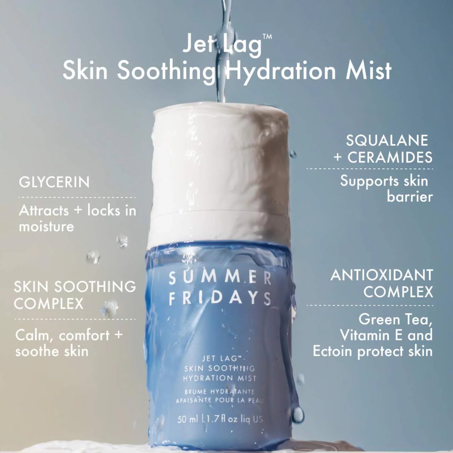 Summer Fridays fine mist spraying to evenly hydrate skin for instant refresh
