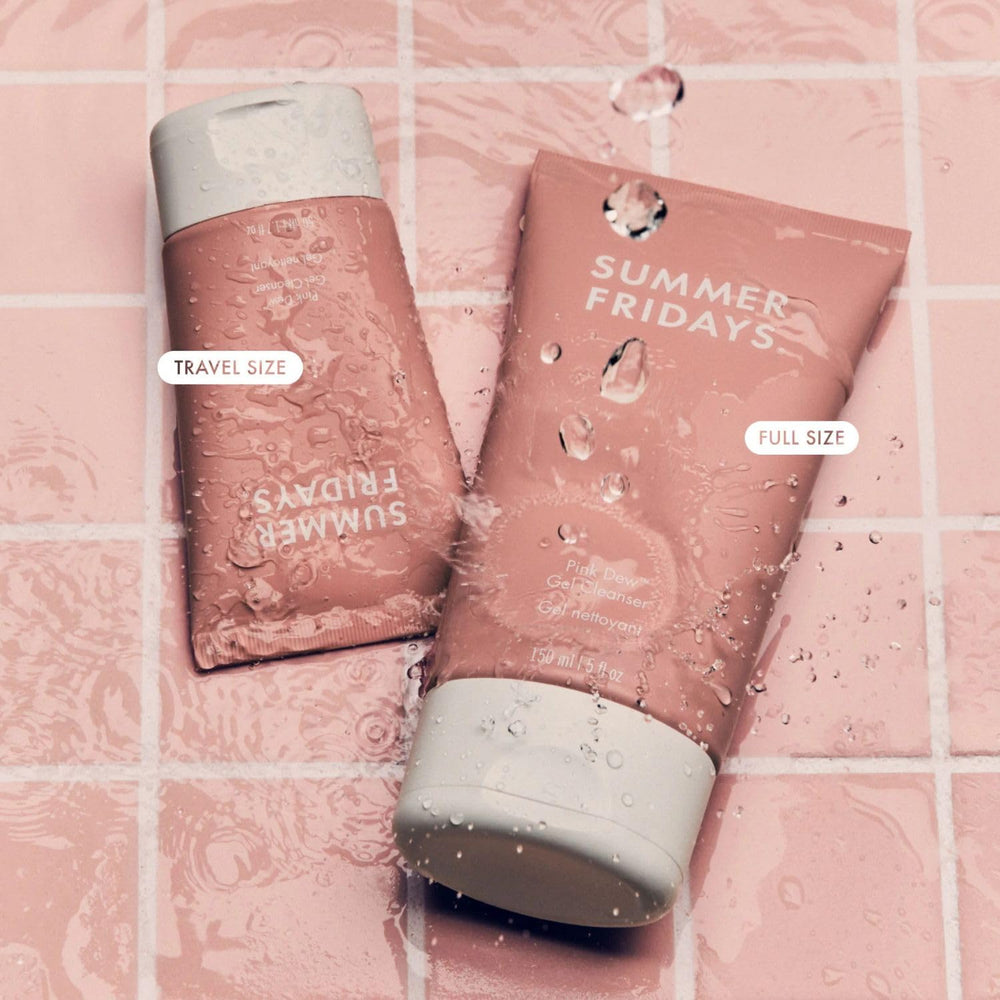 Summer Fridays bottle on bathroom shelf as part of daily routine for refreshed skin