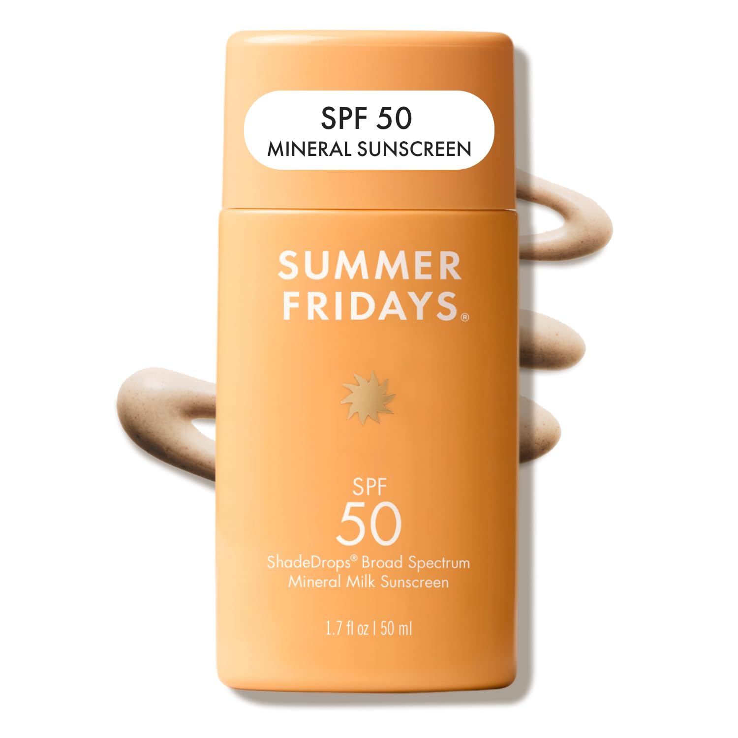Summer Fridays front packaging showing compact 1.7 oz sunscreen and benefit of easy storage