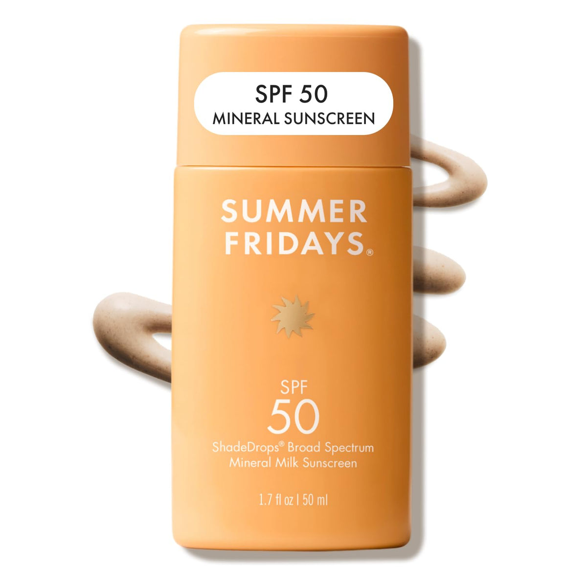 Summer Fridays front packaging showing compact 1.7 oz sunscreen and benefit of easy storage