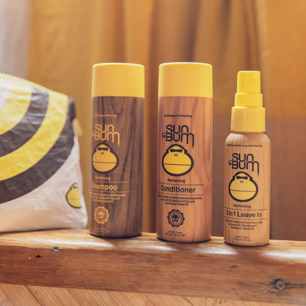Sun Bum ALOHA Collection pouch open and filled to show splash-proof storage benefit