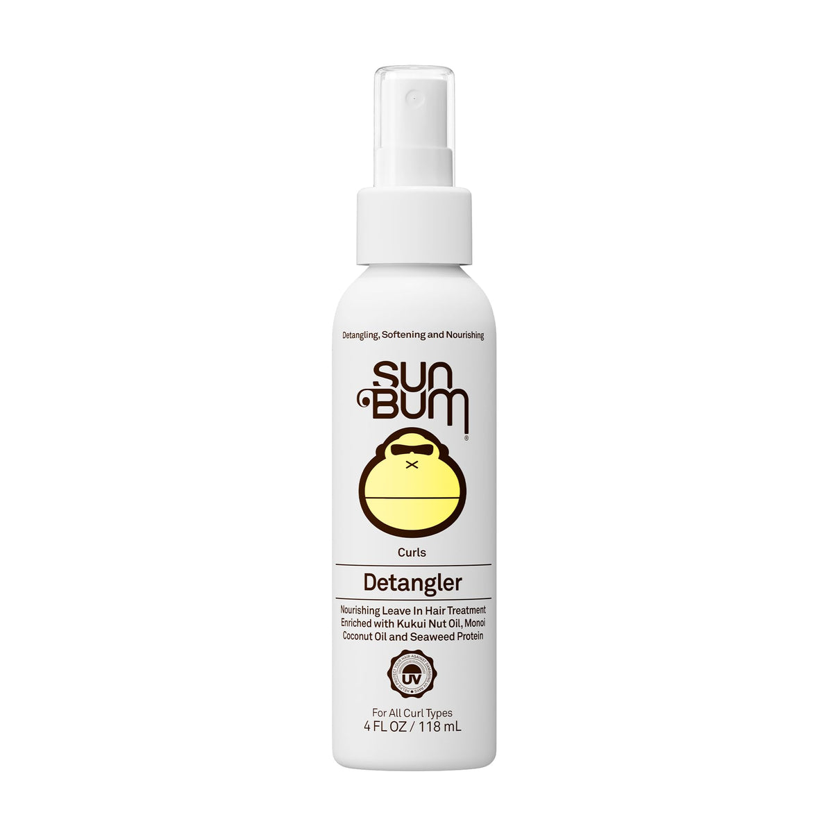 Sun Bum front bottle showing curls detangler and benefits