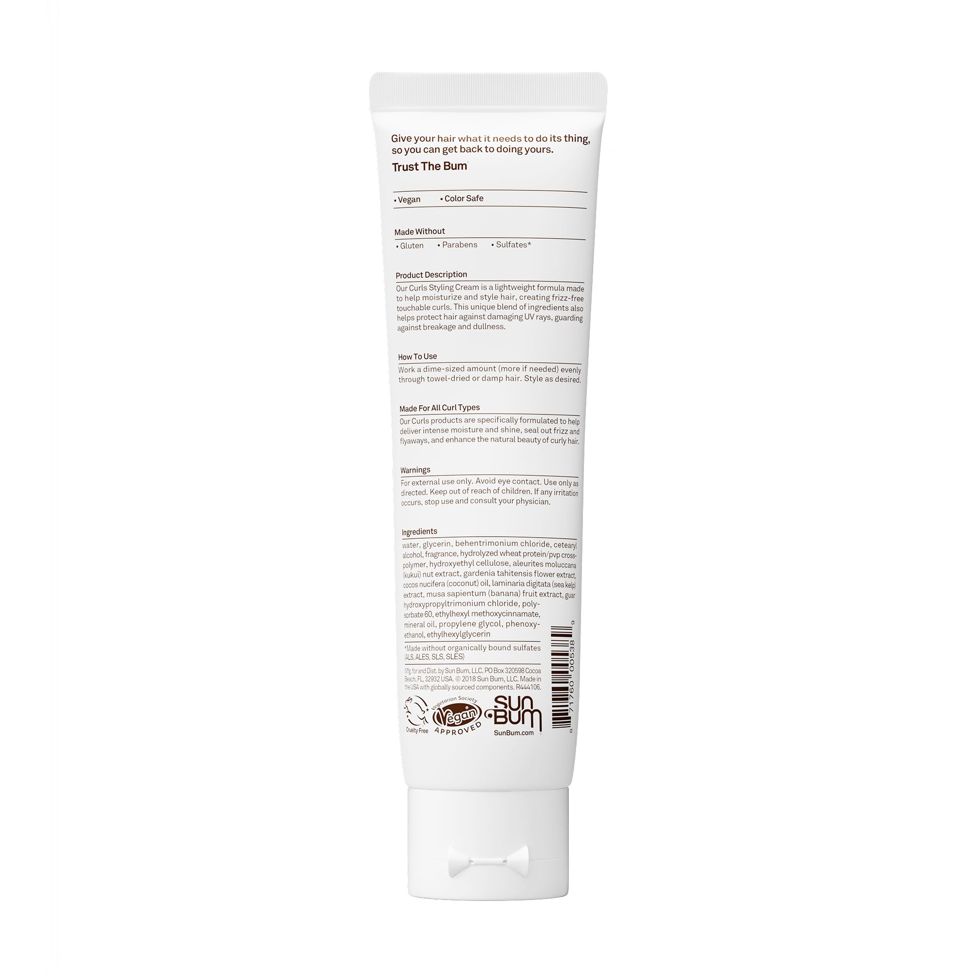 Sun Bum ingredients label close-up showing seaweed protein and nourishing oils