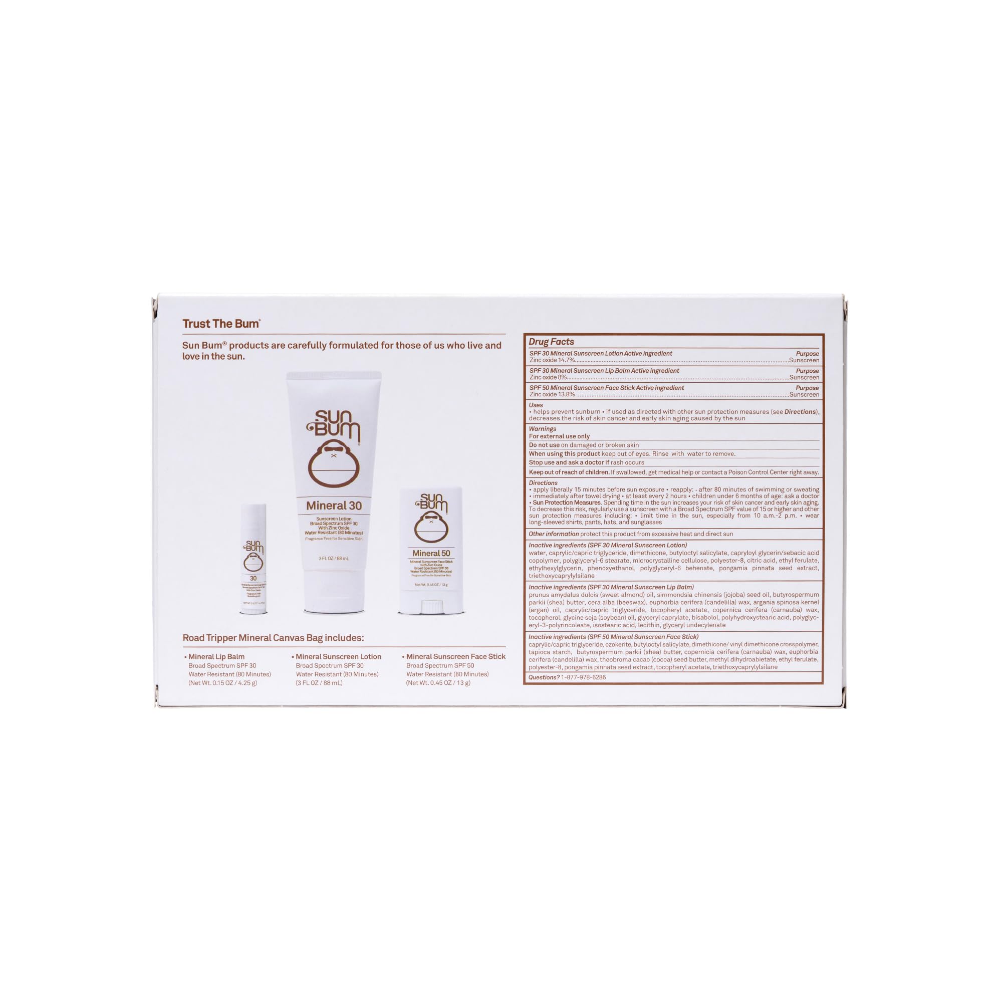Sun Bum ingredient label highlighting zinc oxide for visible mineral protection benefit