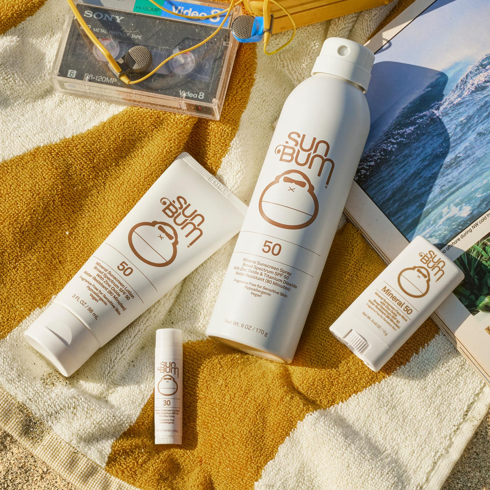 Sun Bum label close-up showing zinc oxide and SPF 50 for broad protection