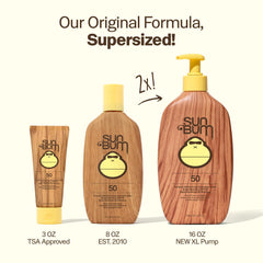 Sun Bum 16 oz bottle in hand showing size and value for family outings
