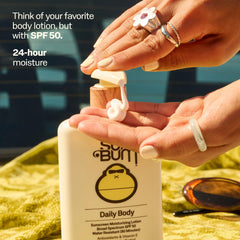 Sun Bum pump dispensing lotion indicating easy, mess-free application