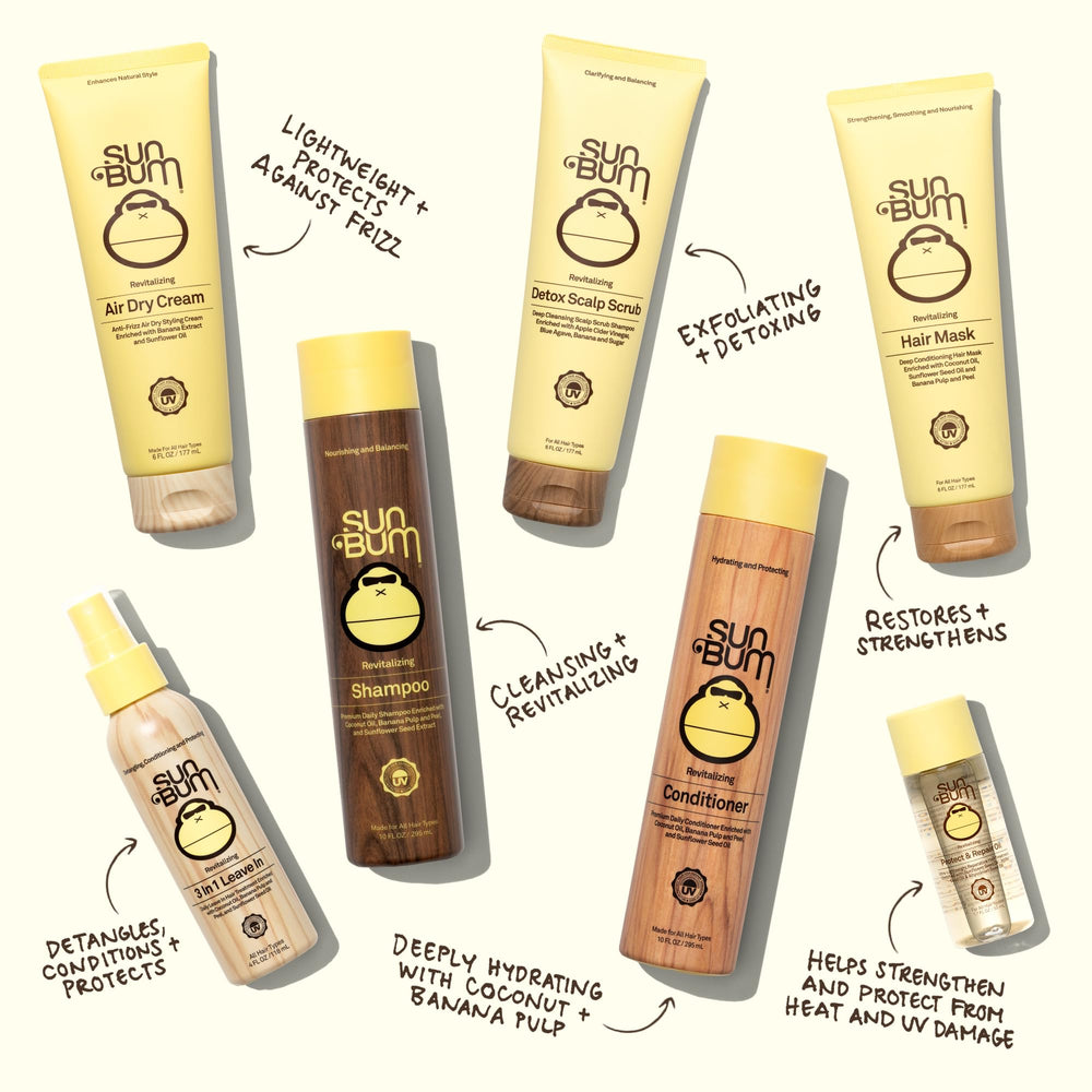 Sun Bum revitalizing conditioner pouring to show creamy texture and hydration benefits