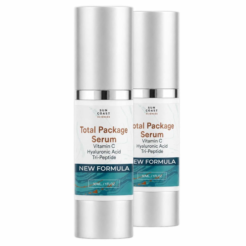 Sun Coast Sciences front packaging showing serum bottle and brand benefits