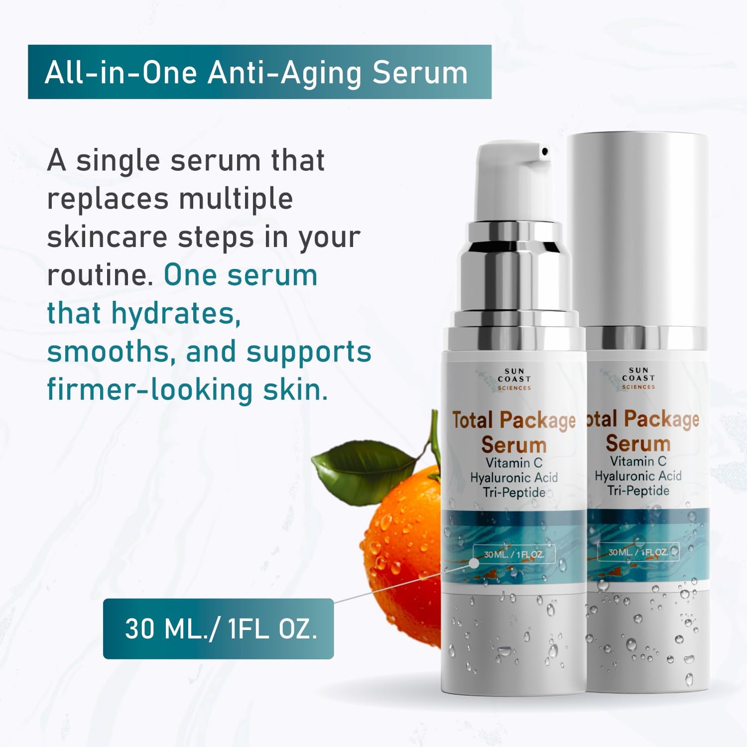 Sun Coast Sciences label close-up listing Vitamin C hyaluronic acid peptides