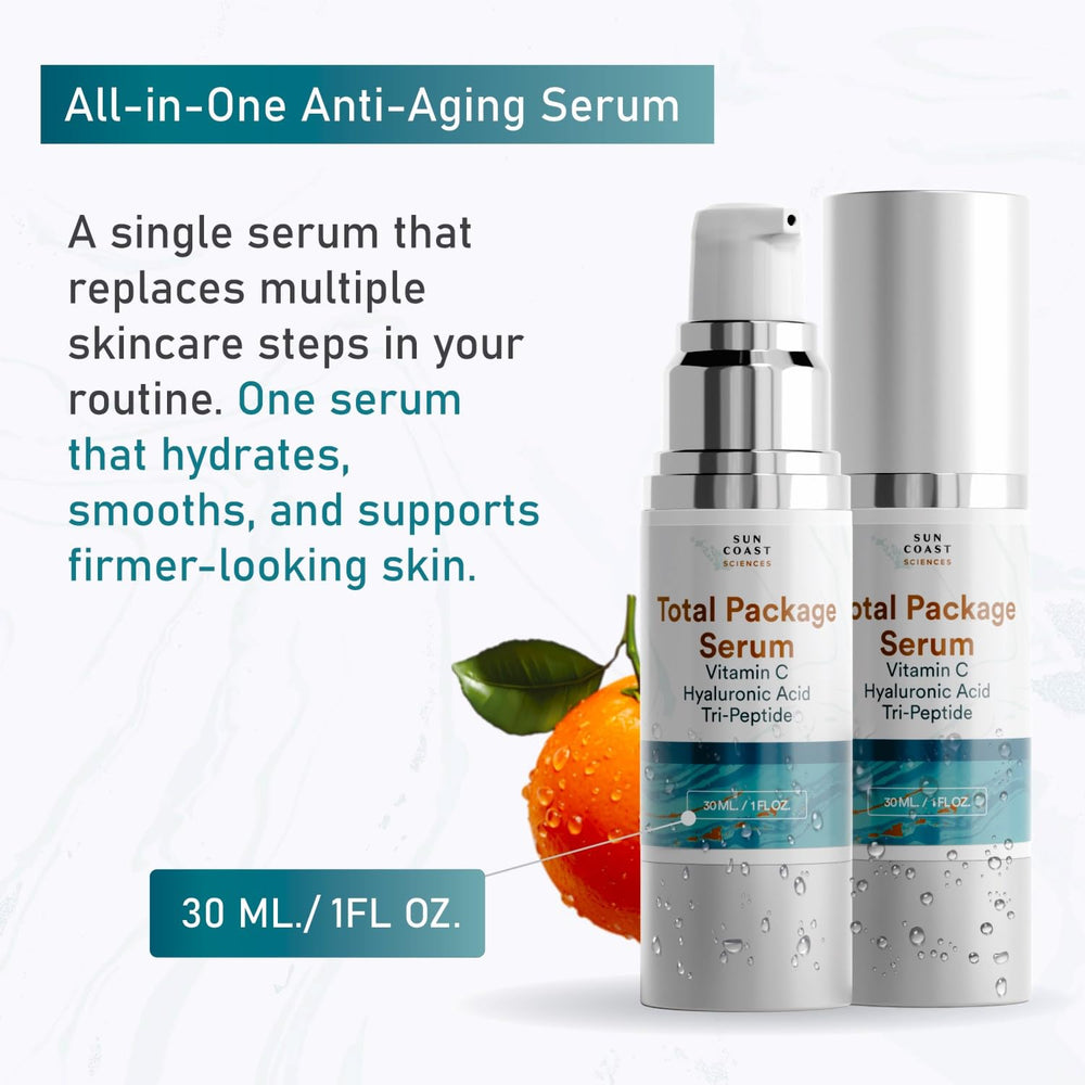 Sun Coast Sciences label close-up listing Vitamin C hyaluronic acid peptides