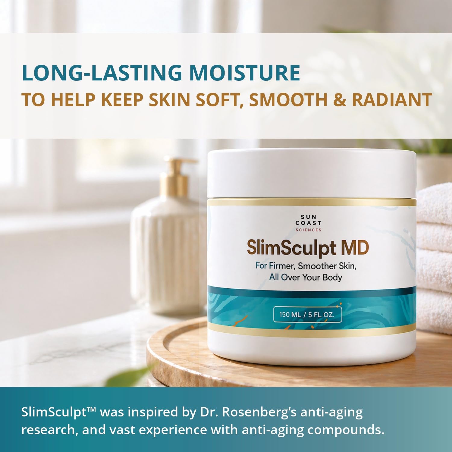 SUN COAST SCIENCES application on thigh to smooth crepey appearance