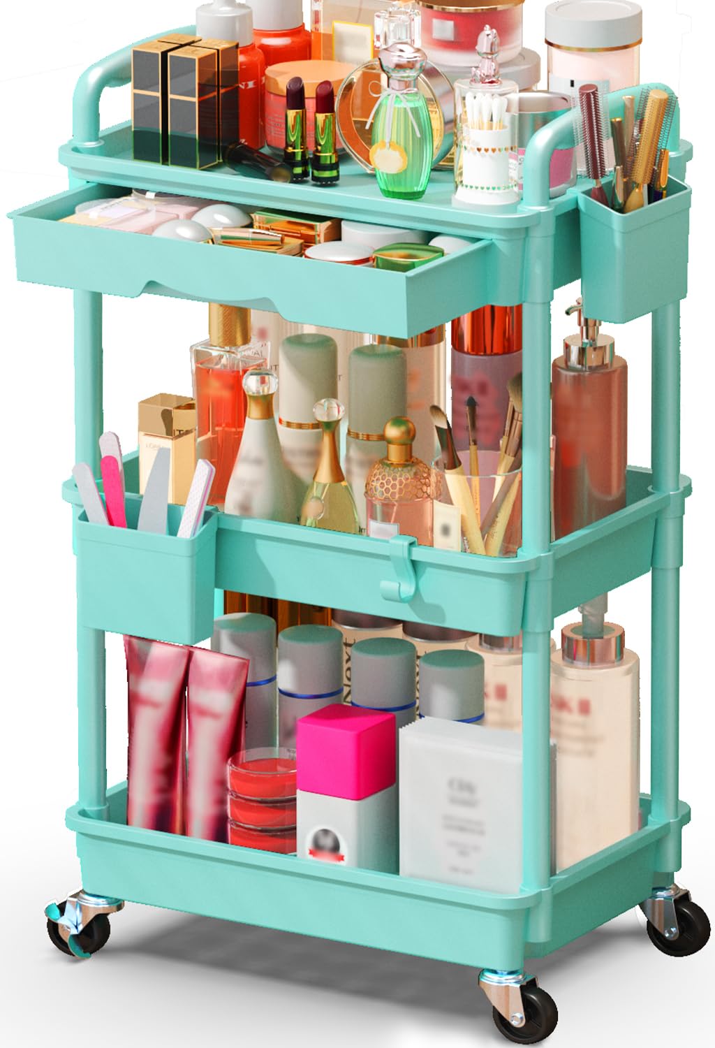 SUNALLY front view of blue 3-tier cart showing organized storage and quick access