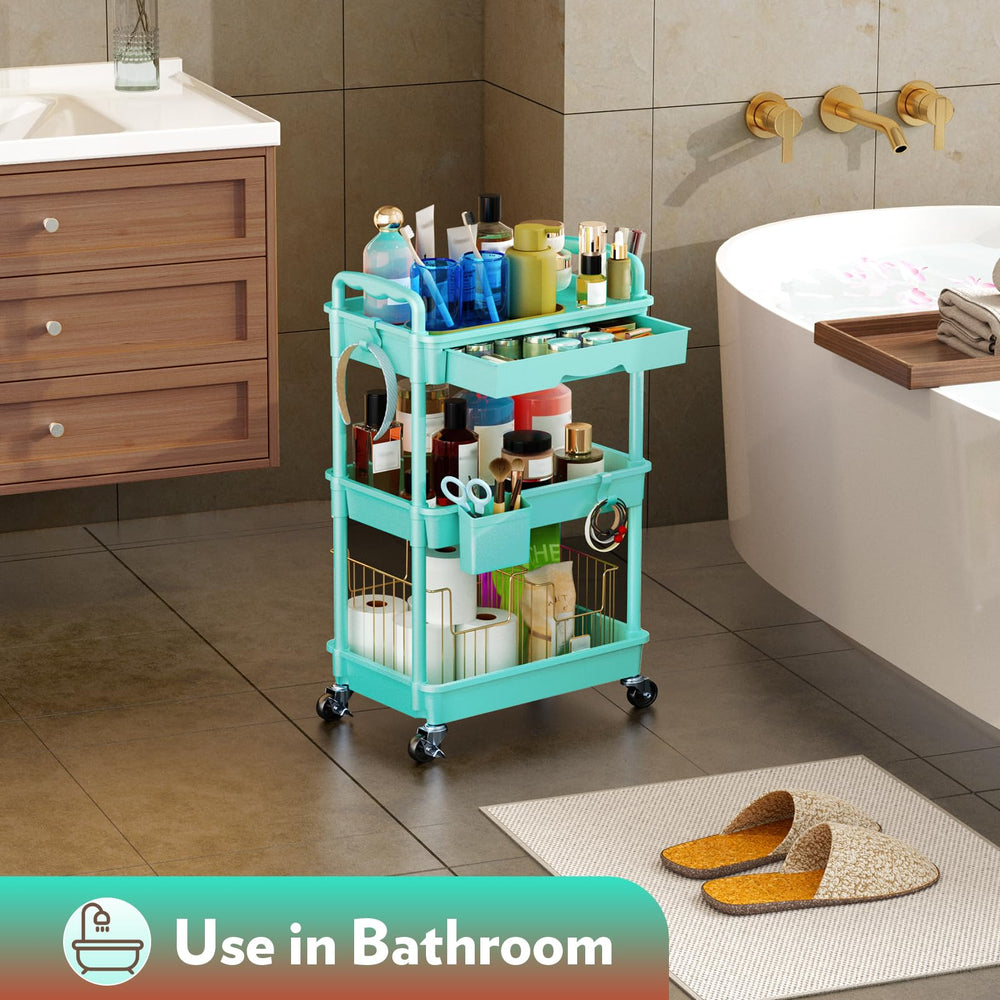 SUNALLY makeup cart in use at a dressing mirror for efficient routines